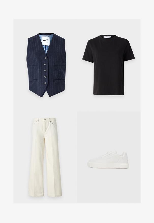 Navy pinstriped vest with a V-neck, seven buttons, and two front pockets; lined with light blue fabric for contrast.; Black short-sleeve t-shirt made of soft cotton, featuring a round neckline, relaxed fit, and a smooth texture. No visible patterns or graphics.; Wide-leg white jeans made from cotton blend fabric. Features a zipper fly, five-pocket design, and stitching along the seams.; White low-top sneakers with a flat sole, smooth synthetic upper, round toe, and tonal stitching. Features lace-up closure and side branding.