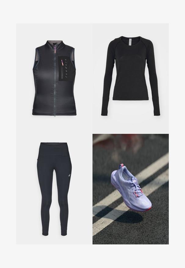 Schwarze ärmellose Weste mit hohem Kragen, Frontreißverschluss und einer Brusttasche mit Reißverschluss. Der Stoff hat eine glatte, leichte Textur.; Langärmliges Shirt in Schwarz, aus weichem Stoff. Es hat einen Rundhalsausschnitt und Raglanärmel mit Daumenlöchern an den Bündchen. Minimalistisches Design.; ASICS ROAD HIGH WAIST - Winter-Tights - performance black; Helle lila Laufschuh mit strukturiertem Obermaterial, pinken Akzenten, einem runden Schnürsystem und einer gesprenkelten Sohle, die über einem Asphalt-Hintergrund schwebt.