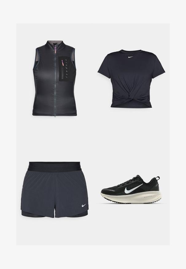 Svart ärmlös väst med hög krage, frontdragkedja och en bröstficka med dragkedja. Tyget har en smidig, lätt textur.; Svart atletisk t-shirt i mjukt tyg, med en knuten framdesign och en liten vit Nike-logga på bröstet.; Svarta idrottsshorts med elastisk midja, med en lagerdesign och en liten vit Nike-logga på nedre vänstra sidan. Lättviktig material.; Svart Nike löparsko med andningsbart mesh-ovandel, vit swoosh-logotyp, texturerad detaljering och en krämfärgad ZoomX-mellansula.
