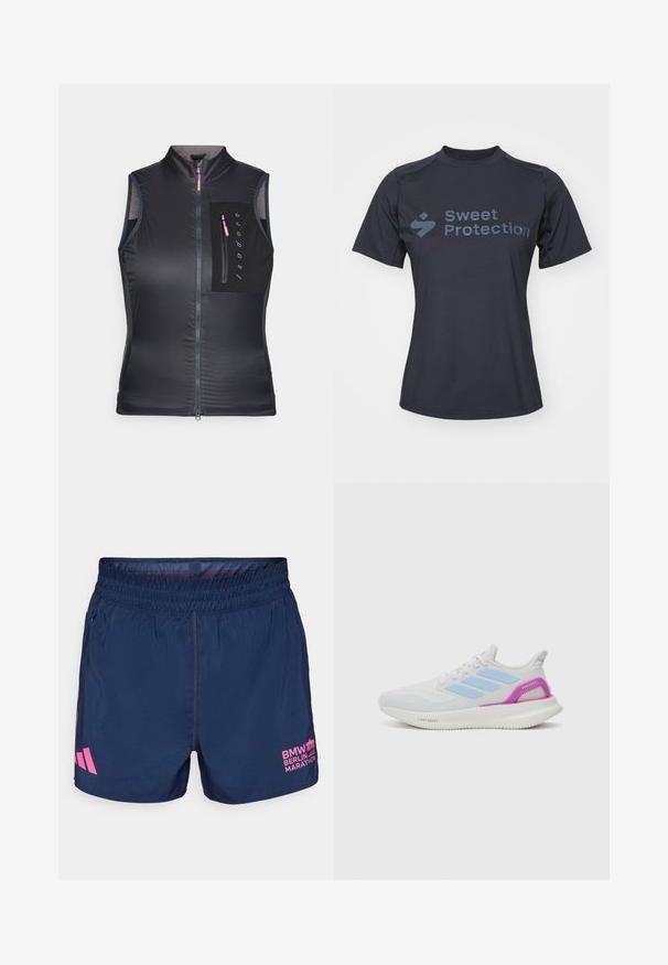 Mustapaita ilman hihoja, jossa on korkea kaulus, etuvetoketju ja rintatasku vetoketjulla. Kangas on sileä ja kevyt.; Lyhythihainen musta paita, valmistettu sileästä kankaasta, jossa on edessä kontrastivärinen tummansininen teksti "Sweet Protection".; adidas Performance BER25 OTR SHORTS - Urheilushortsit - collegiate navy; adidas Performance PUREBOOST 5 - Katujuoksukengät - white/glow blue/purple burst