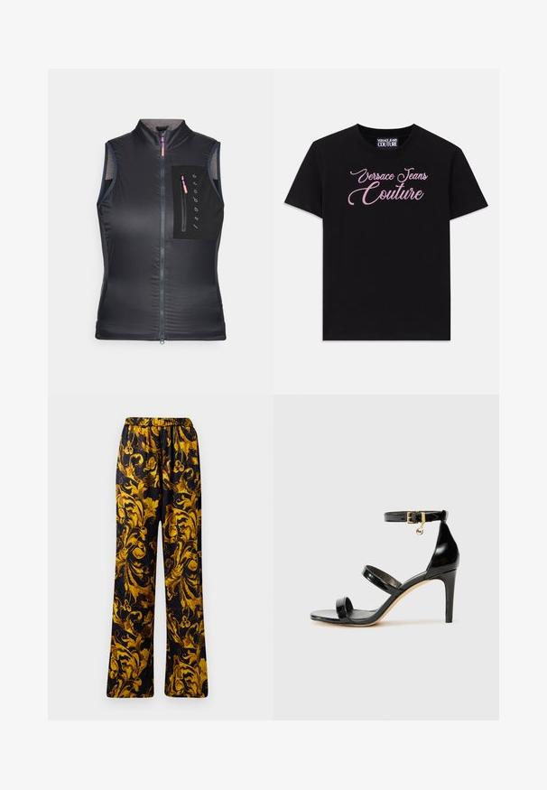 Fekete ujjatlan mellény magas nyakkal, elülső cipzárral és cipzáras zsebbel az mellkason. Az anyag sima, könnyű textúrájú.; Fekete, rövid ujjú pamut póló, melyen rózsaszín strasszkövekkel díszített "Versace Jeans Couture" felirat található a mellkas területén.; Fekete nadrág díszes arany virágmintával, rugalmas derékrésszel és bővített szabással. Simaszerű textúra, könnyű anyag.; Fekete lakk bőr szandál három pánttal, bokapánttal és 10 cm magasságú tűsarokkal. Arany színű részletekkel és logó charm-mal rendelkezik.