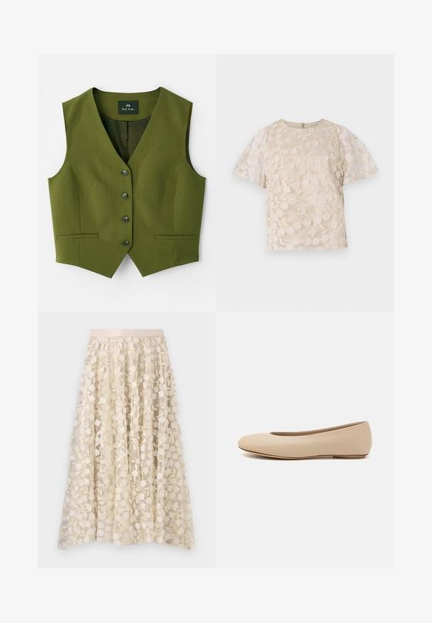 Oliwkowa kamizelka z dekoltem w szpic, pięcioma guzikami, dwoma bocznymi kieszeniami oraz gładką teksturą materiału. Widoczna metka marki wewnątrz.; Beżowa bluzka z kwiecistym haftem, przezroczystymi bufiastymi rękawami, okrągłym dekoltem i zamkiem błyskawicznym z tyłu. Teksturowany kwiatowy wzór na przednim panelu.; Kwiatowe hafty na przejrzystej, kremowej spódnicy z satynowym pasem. Wzór zawiera małe, delikatne kwiaty i liście.; Beżowe skórzane baleriny z zaokrąglonym noskiem, minimalnymi szwami, niskim obcasem oraz subtelnym logo z tyłu. Gładka, matowa tekstura.