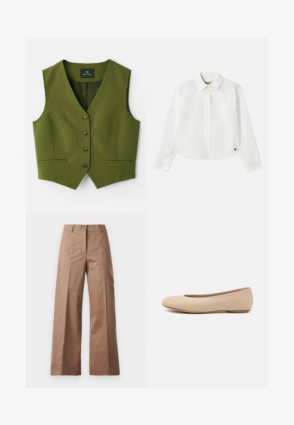 Oliivinvihreä liivi, jossa on V-pääntie, viisi napin sulkemista, kaksi sivutaskua ja sileä tekstuurinen kangas. Brändilogo näkyvissä sisällä.; Valkoinen lyhytcroppinen pitkähihainen paita, joka on valmistettu puuvillasta. Siinä on nappisuljenta edessä, rintatasku ja pieni musta logo vasemmassa alakulmassa.; Ruske leve-legged hlače iz gladkega materiala, z sprednjim gumbom, dvema sprednjima žepoma in čistimi, krojenimi linijami.; Beige nahkara ballet flat dengan ujung bulat, detail jahitan minimal, hak rendah, dan logo halus di bagian belakang. Tekstur halus dan matte.