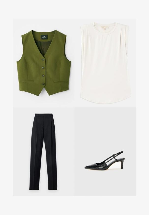 Colete verde oliva com decote em V, fecho com cinco botões, dois bolsos laterais e tecido de textura suave. Etiqueta de marca visível no interior.; Top branco sem mangas feito de um tecido liso, com um decote redondo e pregas subtis nos ombros, apresentando uma bainha curva.; Calças pretas feitas de um tecido suave, com uma cintura alta, pernas largas, pregas frontais e passadores de cinto clássicos. Não há bolsos laterais visíveis.; Salto slingback em patente preta com bico apontado, apresentando um padrão de pele de cobra texturizado, tira ajustável e um salto bloco curto e texturizado.
