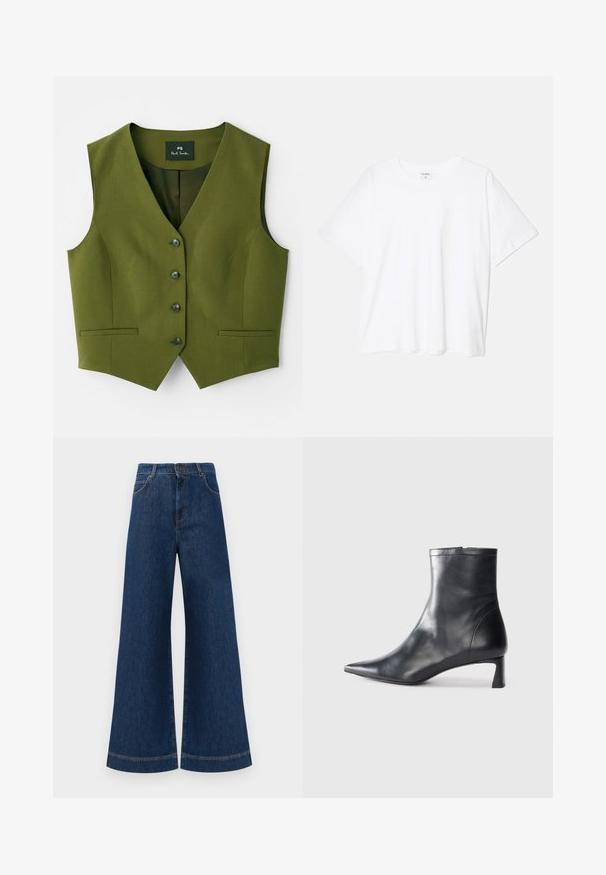 Olive green vest with a V-neck, five button closure, two side pockets, and a smooth textured fabric. Brand label visible inside.; White cotton t-shirt with short sleeves, round neckline, relaxed fit, and stitched hem. Label visible on the inside neck.; Wide-leg blue denim jeans with a high waist, featuring a button closure, belt loops, and subtle stitching details along the pockets and hems.; Black leather ankle boot with a pointed toe and a sleek design. Features a low heel and a zipper closure at the back. Smooth texture.