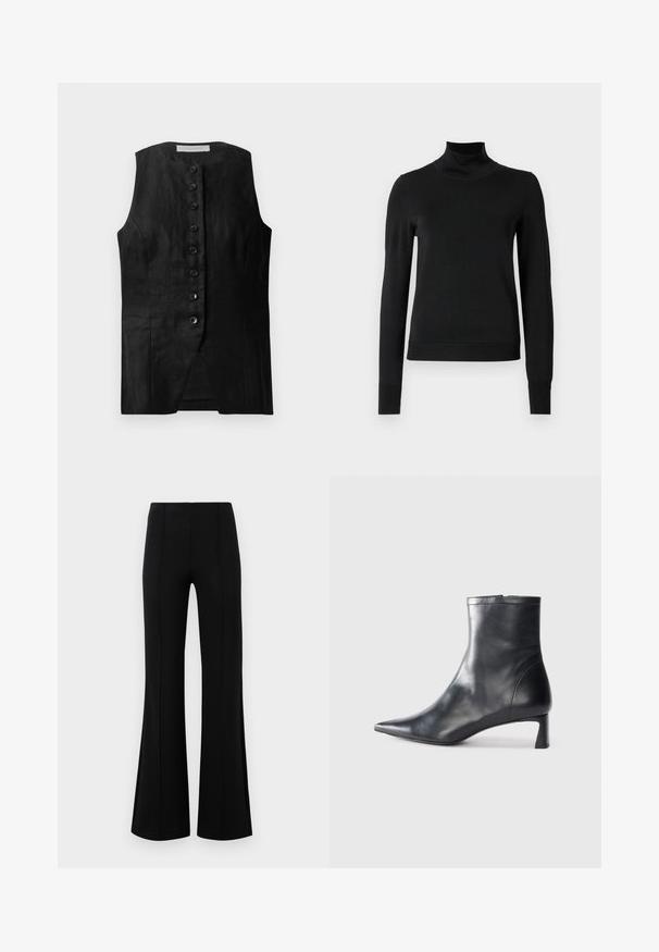 Černá bezrukávová vesta se střihovým zakončením, s předním uzávěrem na knoflíky a jemnou texturou. Materiál se zdá být lehký a hladký.; Černý dlouhý rukáv rolák se žebrovanými manžetami a lemem, vystavený na čistě bílém pozadí.; Černé kalhoty s volným zakončením a vysokým pasem, vyrobené z elastického materiálu. Mají vertikální švy na přední straně a hladký povrch.; Černé kožené kotníkové boty s špičatou špičkou a elegantním designem. Mají nízký podpatek a zipové zapínání na zadní straně. Hladká textura.