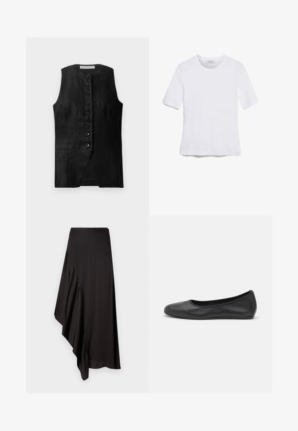 Juodas be rankovių liemenė su tiesia apdaila, turinti sagų šoną ir subtilią tekstūrą. Audinys atrodo lengvas ir lygus.; Balta trumpa rankovėmis marškinėliai, pagaminti iš pasiruošusio audinio. Apvali iškirptė, reguliari tinkamumas ir subtilūs siuvimo detalės. Be raštų ar grafikos.; AERON ASTER SKIRT - Pieštukinis sijonas - black; Juodai odiniai baletai su apvaliu pirštu, lygi texture, minimalus siuvimo detales ir lanksčiu padų dizainu.