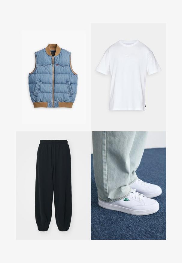 Vesta din denim cu fermoar la față, design căptușit, material albastru, guler și margine din bumbac maro, și două buzunare laterale.; Tricou alb din bumbac, cu mâneci scurte și guler rotund. Prezintă un mic logo Nike, discret, pe piept și o eticheta pe lateral.; Pantaloni de trening negri, cu talie elastică, cu o croială lejeră, la baza pantaloni fiind strânși, având o textură netedă și fără modele sau accente metalice vizibile.; Adidași din piele albă cu logo-ul Nike verde, vârf rotund, talpă plată, asortați cu pantaloni din denim bleu deschis, prezentați pe un covor albastru.