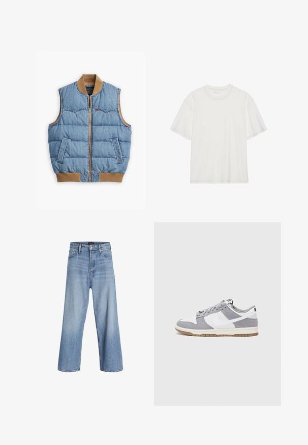 Denimová vesta so zipsom vpredu, polstrovaný dizajn, modrý materiál, hnedý rebrovaný golier a lem, a dve bočné vrecká.; Biela bavlnená tričko s krátkymi rukávmi, okrúhlym výstrihom a kontrastným prešitím okolo výstrihu a rukávov.; Svetlo modré rifľové nohavice s širokými nohavicami a vysokým pásom, s gombíkovým zapínaním, dizajnom s piatimi vreckami a jemným vyblednutím. Čistý lem.; Sivé a biele tenisky s vrchom z semišu a kože, zaoblenou špičkou, plochými šnúrkami a gumovou podrážkou s akcentom vo farbe gumy.