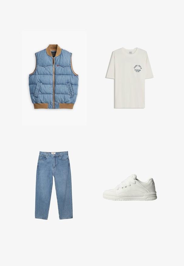 Kamizelka dżinsowa z zamkiem z przodu, pikowanym wzorem, niebieskim materiałem, brązowym prążkowanym kołnierzem i wykończeniem oraz dwoma bocznymi kieszeniami.; Kremowa koszulka z krótkim rękawem, wykonana z bawełny, z okrągłym dekoltem. Z przodu na piersi znajduje się granatowa grafika z napisem "PARK BOYS READING CLUB".; Jasnoniebieskie dżinsy o prostym kroju nogawki, pięć kieszeni, z widoczną metką marki na pasku.; Białe sneakersy z gładką skórzaną powierzchnią, wyściełanym językiem, płaskimi sznurówkami oraz teksturowanymi akcentami po bokach i na pięcie.