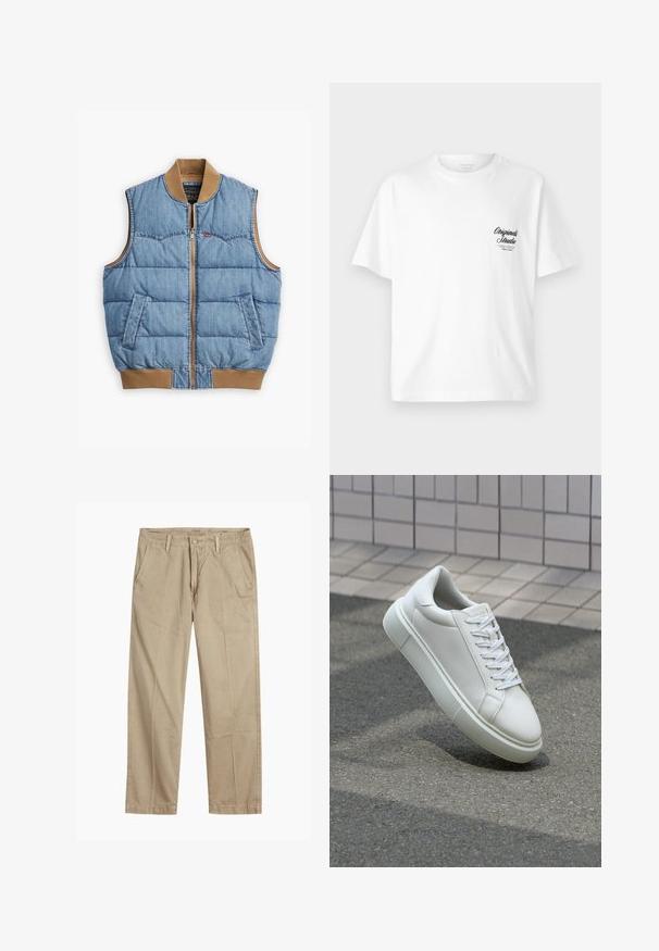 Denim vest with a zip front, padded design, blue fabric, brown ribbed collar and hem, and two side pockets.; White cotton t-shirt with a crew neck, short sleeves, and a black printed logo on the left chest, featuring a vintage script design.; Beige straight-leg chinos with belt loops, front button and zipper closure, and slant front pockets.; White leather sneaker with a smooth surface, round toe, and flat white laces. Features a textured rubber sole and minimal design elements.