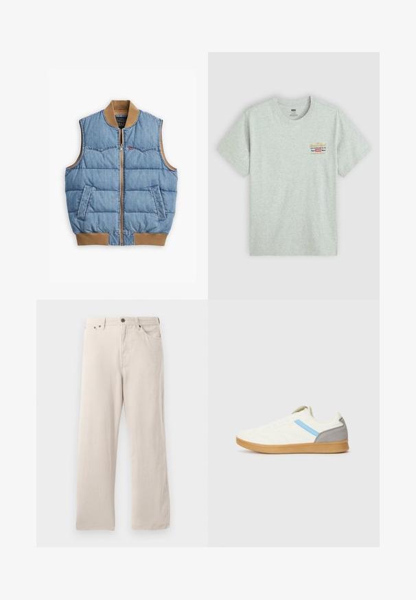 Džinsinis liemenė su užtrauktuku priekyje, paminkštinta konstrukcija, mėlynos spalvos medžiaga, rudas raukšlių apykaklė ir apačia bei dvi šoninės kišenės.; Pilkas medvilnės marškinėliai trumpomis rankovėmis, apvaliu kaklu, su daugiakampiu prekės ženklo logotipo spaudiniu viršutiniame kairiajame kampe. Glotni tekstūra.; Šviesiai pilki kordūriniai kelnės su tiesiu kirpimu, pasižyminčios ribota tekstūra, penkių kišenių dizainu ir mygtukų uždarymu.; Batai su kremine viršutine dalimi, mėlyna juostele šonuose ir pilku kulno akcentu. Yra tekstūruotas dizainas ir guminis padas.