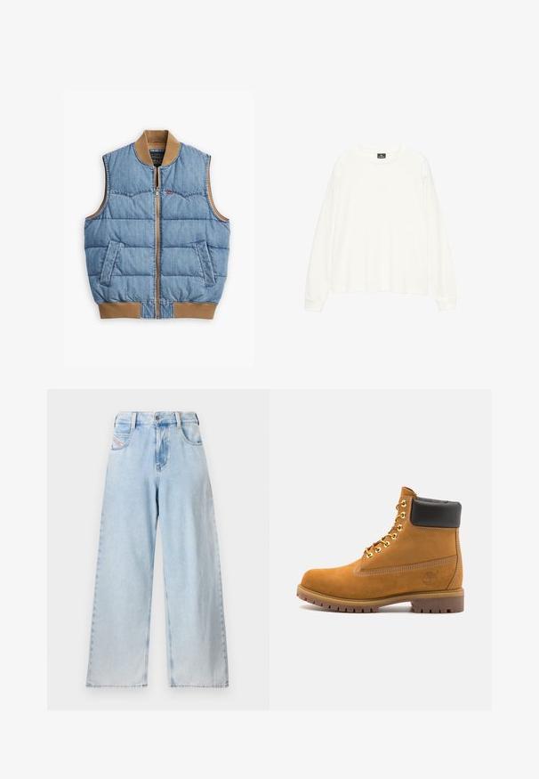 Denimová vesta s předním zipem, polstrovaným designem, modrou textilií, hnědým žebrovaným límcem a lemem, a dvěma bočními kapsami.; Bílá košile s dlouhým rukávem vyrobená z měkkého materiálu, s širokým kulatým výstřihem a uvolněným střihem. Hladký povrch s žebrovanými manžetami.; Světle modré kalhoty s širokými nohavicemi vyrobené z denimu, s vysokým pasem, viditelným švem, předními kapsami a rovný střih až k lemování.; Hnědé semišové kotníkové boty s černým polstrovaným límcem, zlatými kovovými očky, bílým prošíváním a odolnou gumovou podrážkou s výraznými drážkami.