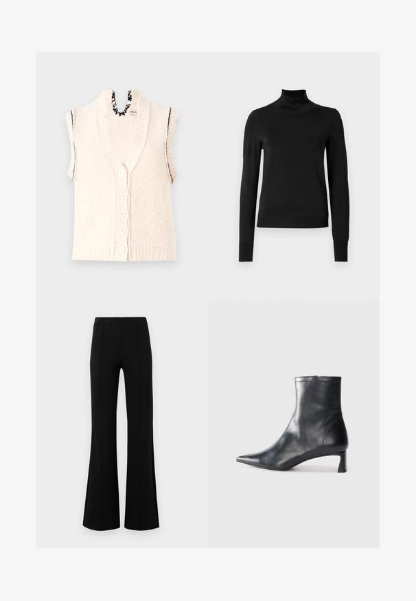 Chaleco de punto sin mangas, color crema, cierre delantero con botones, dobladillo inferior acanalado, detalle de escote con volantes, tejido texturizado con líneas verticales.; Suéter negro de manga larga con cuello de tortuga, con puños y dobladillo acanalados, exhibido sobre un fondo blanco liso.; Pantalones acampanados negros de cintura alta, fabricados en tejido elástico. Presentan detalles de costura vertical en la parte delantera y una textura suave.; Botín de cuero negro hasta el tobillo con punta afilada y un diseño elegante. Presenta un tacón bajo y un cierre con cremallera en la parte trasera. Textura suave.