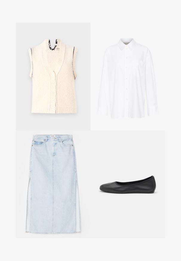 Kortærmet strikket vest, cremefarvet, knaplukning foran, ribbet nederste kant, bølget udskæring, struktureret stof med lodrette linjer.; Hvid langærmet skjorte med krave lavet af bomuld. Har en knaplukning fortil og en enkelt brystlomme. Glat tekstur, afslappet pasform.; Lyseblå denim maxi nederdel med lige snit, der har sideslidser og fem-lomme design. Fremtrædende syninger og metalknaplukning.; Sort læderballetsko med rund tå, glat tekstur, minimal syning og et fleksibelt såldesign.