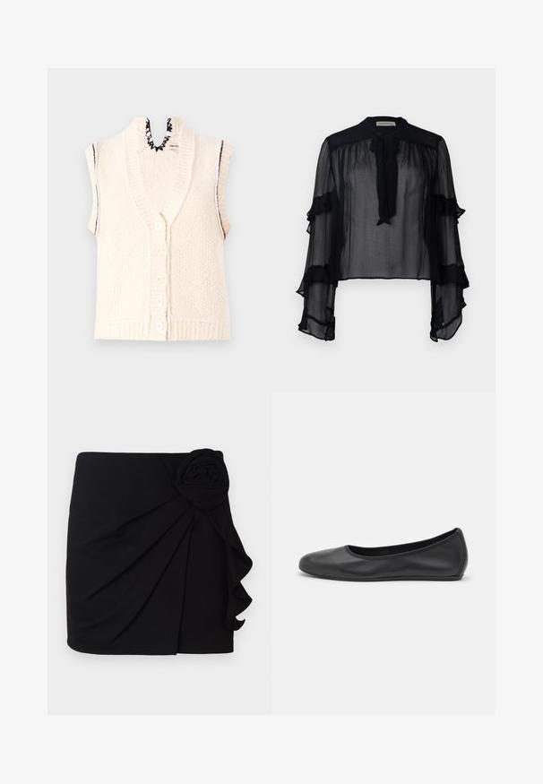 Lühikeste varrukatega kudumivest, kreemivärvi, nööbiga ees, ribatult äärejoonelt, laineline kaelaosa detail, tekstureeritud kangas, kus on vertikaalsed jooned.; Must mustrakk, pikendatud, volangidega varrukad ja nööriga kaelus. Omab kerget kangast ja vaba lõiget, sobib kihiliseks kandmiseks.; Must.arm must kindel, pehmest kangast, pleeditud disainiga. Küljel on kangast roosi aksessuaar ja volangäär.; Musthave mustika tantsutossud mustast nahast, ümmarguse varbaga, siledast tekstuurist, minimaalse õmblusdetailiga ja paindliku tallakujundusega.