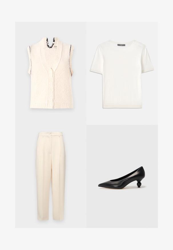 Kortærmet strikket vest, cremefarvet, knaplukning foran, ribbet nederste kant, bølget udskæring, struktureret stof med lodrette linjer.; Hvid kortærmet strikbluse med rund halsudskæring, der har en glat tekstur og subtile ribbede detaljer ved ærmerne og kanten.; Beige skræddersyede bukser med en lige pasform, der har folder i fronten, en glat tekstur og en mellemhøj talje. Ingen synlige lommer.; Sort læder høje hæle med spids tå og rund, kugleformet hæl. Glat tekstur med et stilrent, minimalistisk design.
