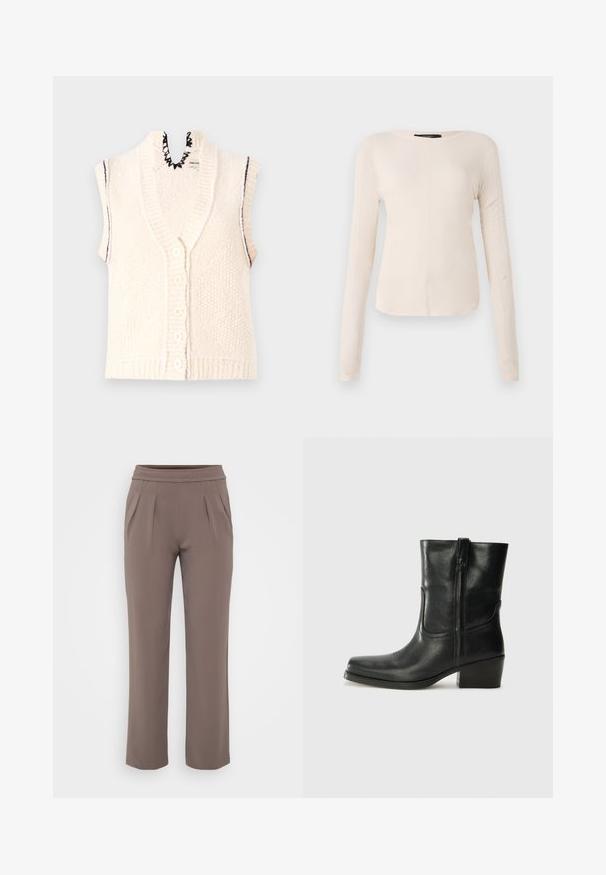 Kratki pleteni prsluk, krem boje, zatvaranje sprijeda na dugmad, rebrasti donji rub, detalj s valovitom uočnicom, teksturirani materijal s vertikalnim linijama.; Dugih rukava, svijetlo bež majica s okruglim izrezom. Izrađena od mekanog materijala, ima središnji šav i blago zakrivljen rub. Nema vidljivih metalnih dijelova.; Taupe hlače širokog kroja s elastičnim pojasom i prednjim naborima, izrađene od glatkog materijala.; Crne kožne čizme do članaka s okruglim vrhom, blok potpeticom, bočnim patentnim zatvaračem i detaljima od šavova na gornjem dijelu. Glatka tekstura, klasičan dizajn.