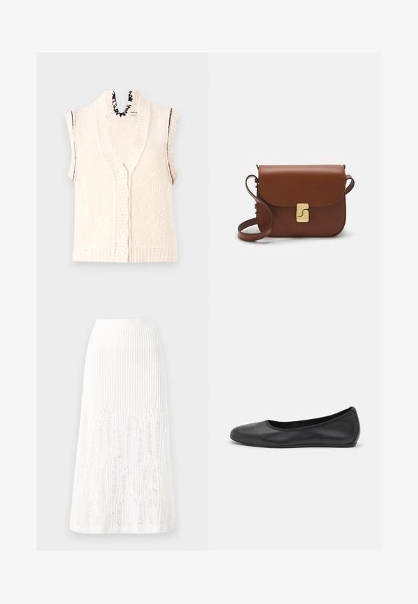Gilet tricot à manches courtes, couleur crème, fermeture à boutons sur le devant, ourlet inférieur côtelé, détail de col festonné, tissu texturé avec des lignes verticales.; T-shirt blanc à manches courtes en tissu côtelé. Col rond, coupe régulière et détails de couture subtils. Aucune motif ni graphique.; Jupe midi en tricot blanche présentant un motif texturé avec des lignes verticales et des découpes près de l'ourlet. Taille élastique. Matériau doux.; Ballerines en cuir noir avec un bout rond, texture lisse, détails de couture minimalistes et design de semelle flexible.; Sac à main en cuir marron avec une fermeture à rabat, des accents en métal doré, une bandoulière et une texture lisse. Forme rectangulaire compacte.