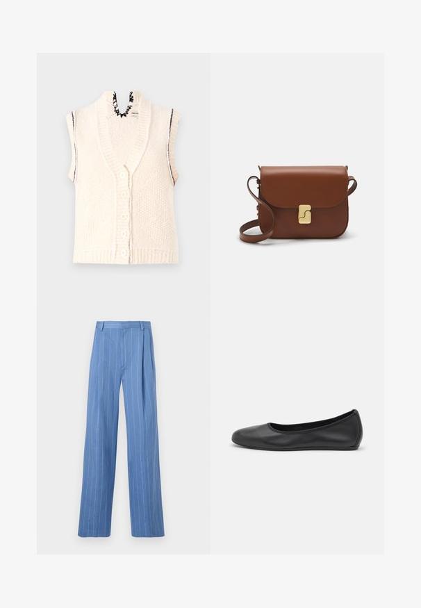 Short-sleeve knitted vest, cream color, button-front closure, ribbed bottom hem, scalloped neckline detail, textured fabric with vertical lines.; White short-sleeve t-shirt made of ribbed fabric. Round neckline, regular fit, and subtle stitching details. No patterns or graphics.; Light blue wide-leg trousers with vertical white stripes. Made of smooth material, featuring a front pleat and a clean waistband design.; Black leather ballet flat with a rounded toe, smooth texture, minimal stitching detail, and a flexible sole design.; Brown leather handbag with a flap closure, gold-tone hardware, a shoulder strap, and a smooth texture. Compact rectangular shape.