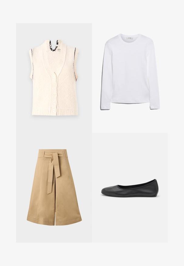 Ärmellose Strickweste, cremefarben, Knopfleiste vorne, gerippter Saum, gewellter Ausschnitt, strukturierter Stoff mit vertikalen Linien.; Langärmliges weißes T-Shirt aus geripptem Baumwollstoff, mit rundem Ausschnitt und geradem Saum. Einfaches Design ohne Muster oder Akzente.; Khakifarbener Midi-Wickelrock mit einem Bindegürtel, aus leichtem Baumwollmaterial, mit einer ausgestellten Silhouette und sichtbaren Nähdetails.; Schwarze Leder-Ballettschuhe mit abgerundeter Spitze, glatter Textur, minimalen Nähdetails und einem flexiblen Sohlen-Design.
