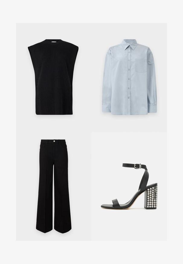 Svart strikket ermeløs topp med høy hals, med ribbestruktur og sidelommer for bedre bevegelsesfrihet.; Lys blå langermet skjorte med knapper og spiss krage, med brystlomme, lagt flatt på en hvit bakgrunn.; Sorte viddejeans laget av robust stoff, med høyt liv, frontlommer og knappelukking foran. Flat kant nederst.; Svarte lær sandaler med hæl og ankelrem. Har firkantet tå, glatt tekstur og firkantet blokkhæl prydet med sølvnitter.