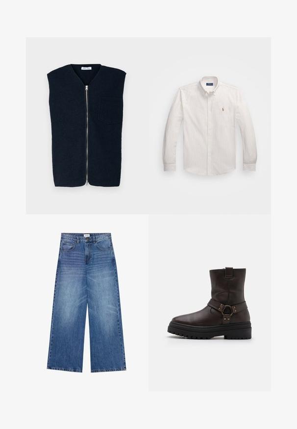 Jūras spēku zilo vilnas vestu ar augstu apkakli, priekšējo rāvējslēdzēju un vienu krūšu kabatu. Gluda tekstūra un minimālistisks dizains.; Balta krekla ar pogām, kas ir ar plānām vertikālām svītrām gaiši bežā krāsā. Tam ir klasiskā tipa apkakle, garas piedurknes un neliels izšūts logo uz krūtīm.; Platas kājas džinsi gaiši zilā denimā, ar pogu aizdari, četrām kabatām un nedaudz nodilušu tekstūru uz auduma.; Brūnas ādas potītes zābaki ar kvadrātveida purngalu, jostu akcentiem un biezu melnu zoli. Iekļauj sānu rāvējslēdzēju un strukturētu virsmu.