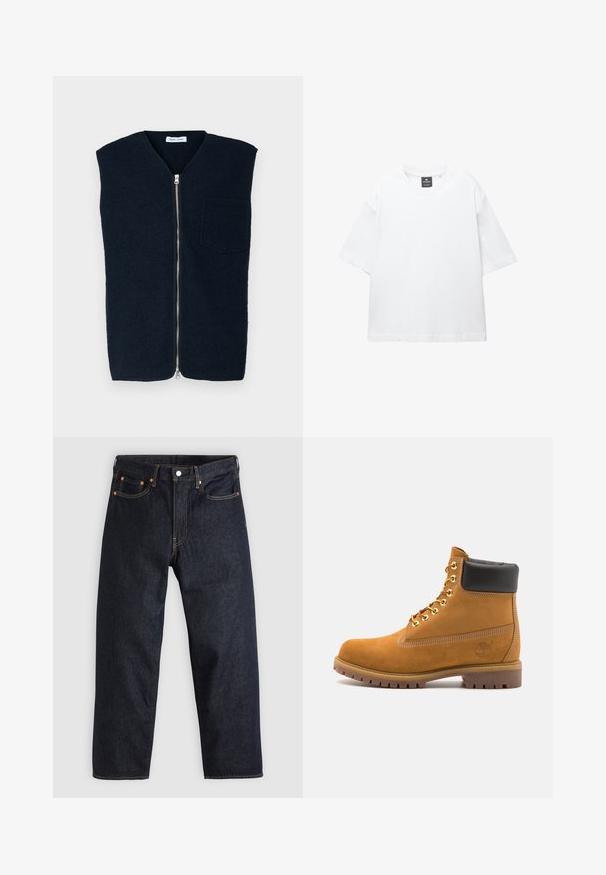 Marineblauer Wollweste mit hohem Kragen, durchgehendem Reißverschluss und einer Brusttasche. Glatte Textur und minimales Design.; Weißes T-Shirt mit kurzen Ärmeln aus Baumwolle, das über einen Rundhalsausschnitt und einen lockeren Schnitt mit geradem Saum verfügt. Keine Muster oder Verzierungen.; Dunkelblaue Jeans aus Denim mit geradem Schnitt, fünf Taschen, kontrastierenden orangen Nähten und einem Knopfverschluss. Keine sichtbaren Muster oder Verzierungen.; Beige Wildleder-Ankle-Boot mit schwarzem gepolstertem Kragen, goldenen Metallösen, weißen Nähdetalben und einer robusten Gummisohle mit ausgeprägtem Profil.