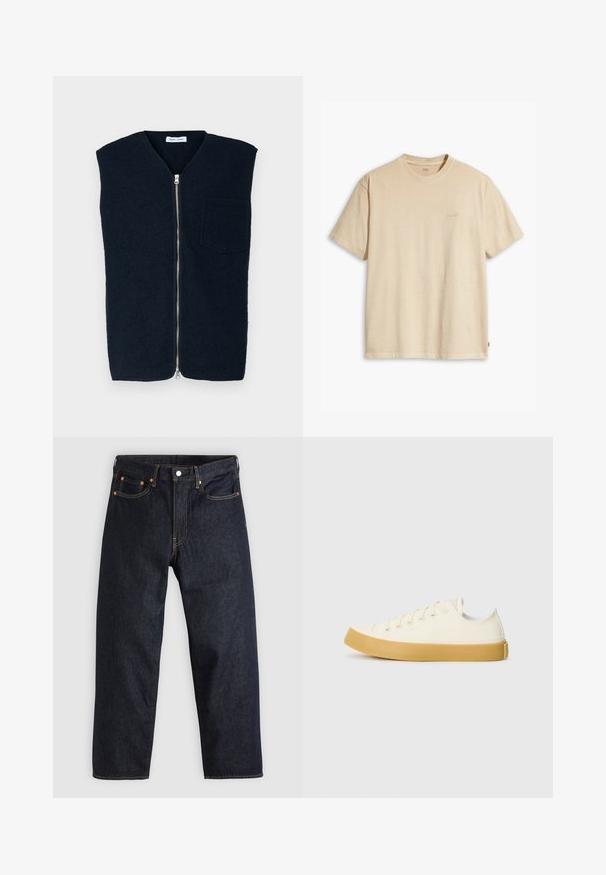 Chaleco de lana azul marino con un cuello alto, cierre frontal de cremallera y un bolsillo en el pecho. Textura suave y diseño minimalista.; Camiseta de algodón beige con cuello redondo y mangas cortas. Presenta un sutil logotipo de "Levi's" en el mismo color en el pecho. Textura suave.; Jeans de denim azul oscuro con corte recto, cinco bolsillos, costuras en naranja contrastante y cierre de botón. Sin patrones ni adornos visibles.; Zapatillas de lona en color blanco roto con punta redonda, que cuentan con suelas de goma beige y cinco ojetes para los cordones, acabado texturizado en la parte superior.