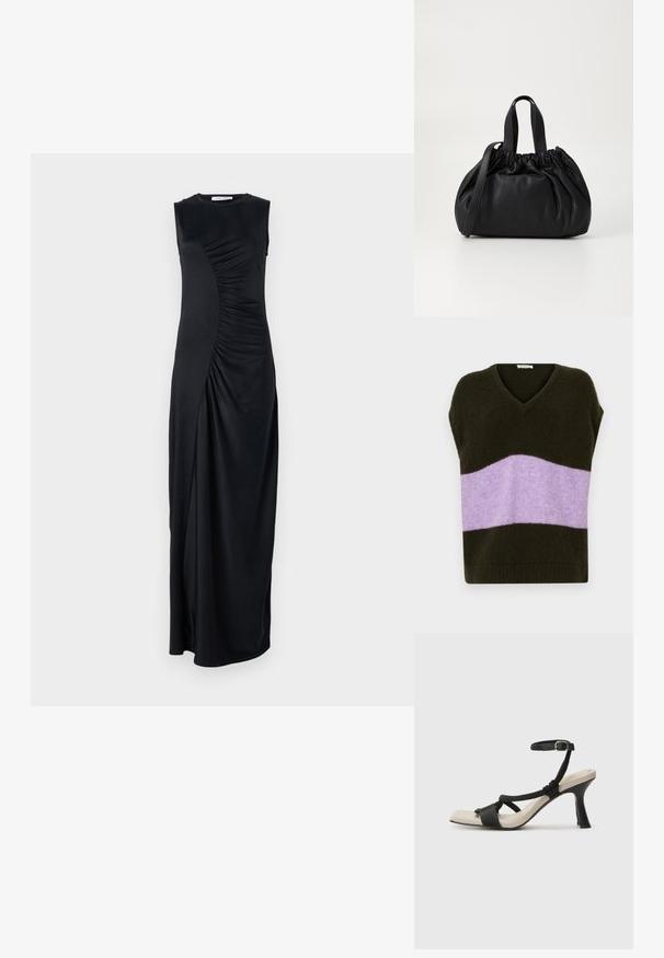 Top sem mangas verde e lavanda com decote em V, mangas curtas e um corte solto. Textura suave e design em bloco de cor horizontal.; Vestido maxi preto sem mangas com detalhes drapeados de lado, feito de um tecido suave; apresenta um decote redondo e uma silhueta ajustada.; Sandal com salto alto preto e design de tiras trançadas, bico quadrado e tira de tornozelo ajustável. Sola em tom bege claro com um salto preto brilhante.; Bolsa de couro preta com um design de topo franzido, apresentando duas alças curtas e uma alça longa ajustável. Textura suave, formato arredondado.