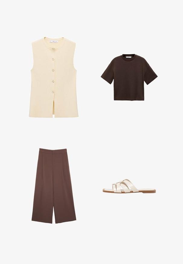 Ærmeløs beige vest med rund halsudskæring, der har en knaplukning fortil med runde knapper og en kløjning nederst for detaljer.; Brun kortærmet t-shirt lavet af blød bomuld. Har en rund halsudskæring og en boxy pasform, med en glat tekstur og ingen synlige mønstre.; Brune bredbunde bukser med en glat tekstur, der har høj talje og plisseringer foran. Stoffet er let og falder løst.; Flade sandaler med en lys gummisål, designet med tre overlappende hvide læderremme og en lille sløjfe detalje i midten.
