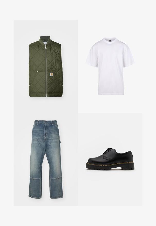 Zelena quiltana brezrokavnik z visokim ovratnikom, sprednjim zadrgo, dvema poševnima žepoma in logotipom na levem žepu. Gladka tekstura, topla izolacija.; Bela bombažna majica s krojem na vratu, kratkimi rokavi in ohlapnim fitom. Ima enostaven dizajn brez vzorcev ali dodatkov.; Svetlo modri kavbojski hlače z ohlapnim krojem, narejene iz džinsa. Imajo široke noge, velike sprednje žepe in podrobnosti s kontrastnim šivom.; Črne usnjene čevlje z vezalkami in zaobljenim nosom, z gumijastim podplatom in rumenim šivom okoli osnove. Ravna zasnova in gladka površina.
