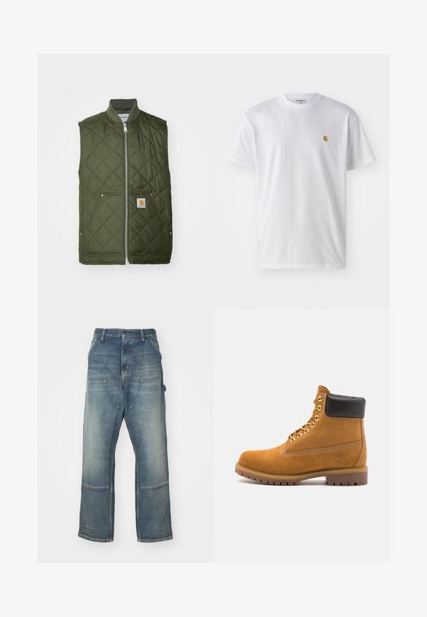 Žalias siuvinėtas liemenė su aukšta apykakle, priekyje su užtrauktuku, dviem kampuotomis kišenėmis ir logotipu kairėje kišenėje. Lygi tekstūra, šiltas izoliavimas.; Balta medvilnės marškinėliai su trumpomis rankovėmis, apvalia iškirpte, kuriuose kairėje krūtinės pusėje yra mažas auksinis logotipas. Minkšta tekstūra ir reguliari forma.; Šviesiai mėlynos džinsinės kelnės su laisvu kirpimu, pagamintos iš džinsinio audinio. Funkcijos plačios kojos, didelės priekinių kišenių ir kontrastingos siuvimo detalės.; Tan spalvą turintys suknelės batus iki kulkšnies su juodu paminkštintu apvadu, auksiniais metaliniais akių užsegimais, baltais siūlų dekoratyviniais elementais ir tvirtu guminiu padu su ryškiai išreikštais raštais.