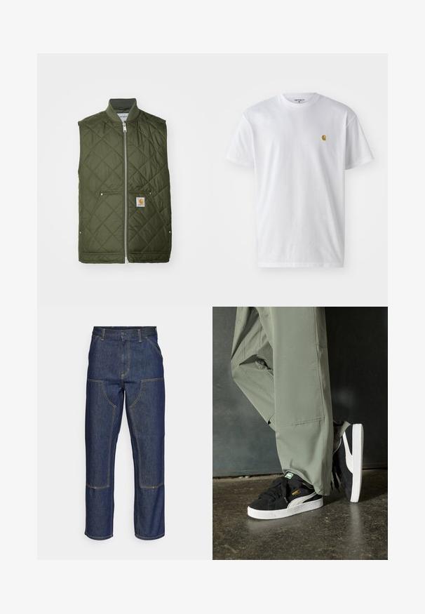 Zelená prošívaná vesta s vysokým límcem, předním zipem, dvěma šikmými kapsami a logem na levé kapse. Hladká textura, teplá izolace.; Bílé bavlněné tričko s krátkým rukávem a kulatým výstřihem, s malým zlatým logem na levé straně hrudi. Měkká textura a klasický střih.; Tmavě modré džíny s vysokým pasem, rovnými nohavicemi, kontrastním šitím a nášivkami na přední straně.; Černé semišové tenisky s bílými gumovými podrážkami a bočními pruhy, spárované se světle zelenými cargo kalhotami, stojící na texturovaném tmavém povrchu.