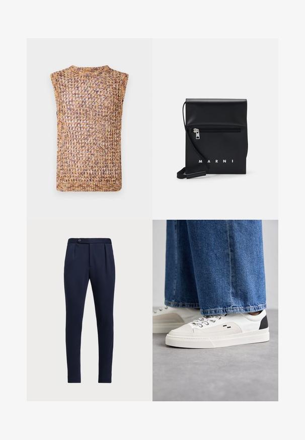 Kootud ilma varrukateta topp kuldsete ja pruunide toonidega, millel on ümar kaelus ja viimistletud ääred.; Hele sinine pikkade varrukatega kleidisärk, mis on valmistatud siledast kangast, millel on nööpidega eesmine osa, terav kaelus ja tavaline lõige.; Tumesinine voodriga püksid, millel on tasane esiosa, kaks esirühti ja ühe nupuga sulgemine, mis on valmistatud siledast tekstuuriga kangast.; Valged ja mustad spordijalatsid sileda nahkpealise, tekstuursete aktsentidega ja paksu valge tallaga. Omab klassikalist nööbistamise disaini.; Mustmust nahast õlakott, millel on tõmblukk eesmine tasku, embosseeritud logo ja reguleeritav rihm. Sile tekstuur koos struktureeritud kujuga.