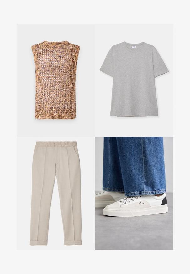 Stricktop ohne Ärmel mit offener Webart in Gold- und Brauntönen, mit rundem Ausschnitt und gesäumten Kanten.; Graues T-Shirt mit kurzen Ärmeln aus weichem, strukturiertem Stoff. Verfügt über einen klassischen Rundhalsausschnitt und einen geraden Saum, geeignet für legere Trageanlässe.; Filippa K TERRY CROPPED TROUSERS - Stoffhose - sage melange; Weiße und schwarze Sneaker mit einem Obermaterial aus glattem Leder, strukturierten Akzenten und einer massiven weißen Sohle. Verfügt über ein klassisches Schnürdesign.