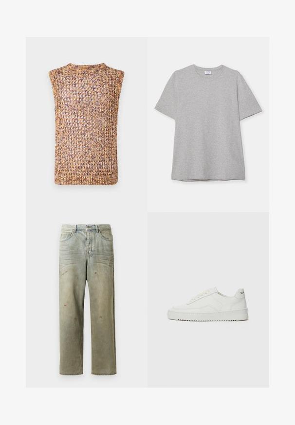 Top sans manches en maille avec une trame ouverte dans des teintes dorées et brunes, présentant un col rond et des bords finis.; T-shirt gris à manches courtes fabriqué en tissu doux et texturé. Présente un col rond classique et un ourlet droit, idéal pour une tenue décontractée.; Jeans en denim déchiré de couleur vert clair, avec une coupe droite, un design à cinq poches et un délavage inégal agrémenté de taches de peinture.; Baskets en cuir blanc avec une finition lisse, bout arrondi, lacets plats et semelle texturée. Présente un logo discret sur le talon.
