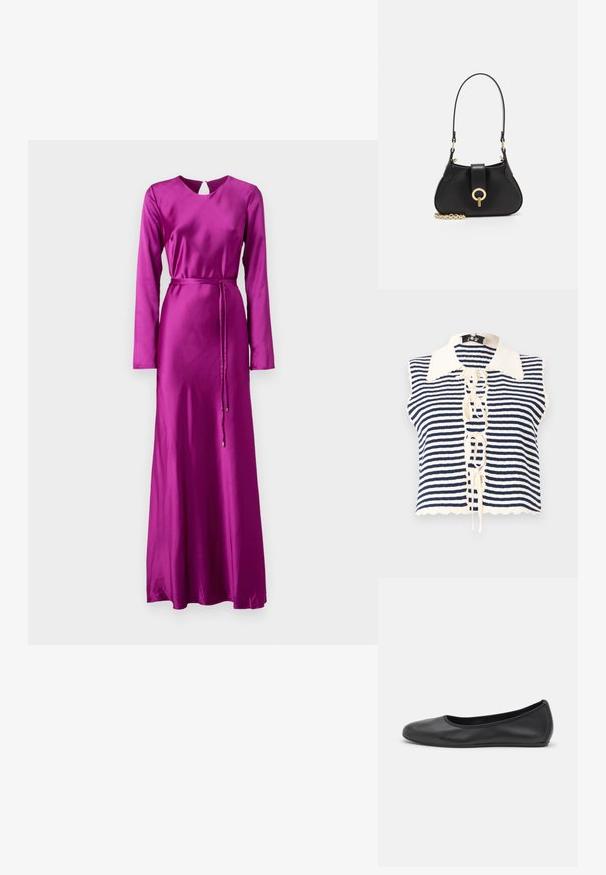 Tumesinine ja kreemivalliga triibuline ilma varrukateta top, millel on nööbiga eesmine osa, sakiliste servadega kaelus ja nööridega detail keskel.; ML Monique Lhuillier MARIE LONG SLEEVE LONG DRESS - Pidulikud riided - mulberry; Musthave mustika tantsutossud mustast nahast, ümmarguse varbaga, siledast tekstuurist, minimaalse õmblusdetailiga ja paindliku tallakujundusega.; sandro JANET - Käekott - noir