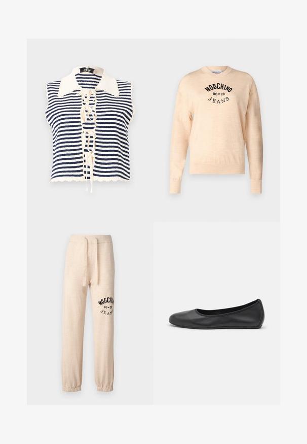 Gestreiftes ärmelloses Top in Marineblau und Creme mit Knopfleiste, einem gewellten Kragen und Schnürdetail in der Mitte.; Helles beiges Sweatshirt aus weichem Strick, mit rundem Halsauschnitt, langen Ärmeln und einem schwarzen gestickten Logo mit dem Text "Moschino Jeans."; Beige Jogginghose mit elastischen Bündchen und Bund. Auf dem linken Oberschenkel befindet sich ein schwarzes Drucklogo "MOSCHINO 86 ❤ 23 JEANS". Weicher Stoff.; Schwarze Leder-Ballettschuhe mit abgerundeter Spitze, glatter Textur, minimalen Nähdetails und einem flexiblen Sohlen-Design.