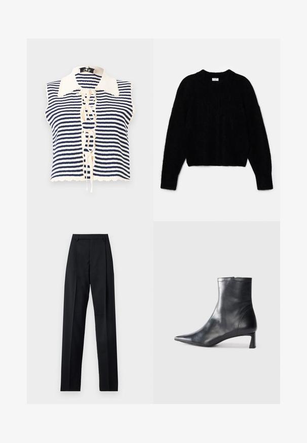 Top fără mâneci, cu dungi bleumarin și crem, cu un închizător cu nasturi în față, având un guler cu margini ondulate și detalii cu șiret în centru.; Pulover scurt negru, confecționat dintr-un material pufos. Are un decolteu rotund și mâneci lungi cu o textură moale. Design minim, fără modele.; Pantaloni negri dintr-un material neted, cu talie înaltă, picioare largi, pliuri frontale și loop-uri clasice pentru curea. Fără buzunare laterale vizibile.; Cizmă de gleznă din piele neagră cu vârf ascuțit și un design elegant. Dispune de un toc mic și de o închidere cu fermoar la spate. Textură netedă.