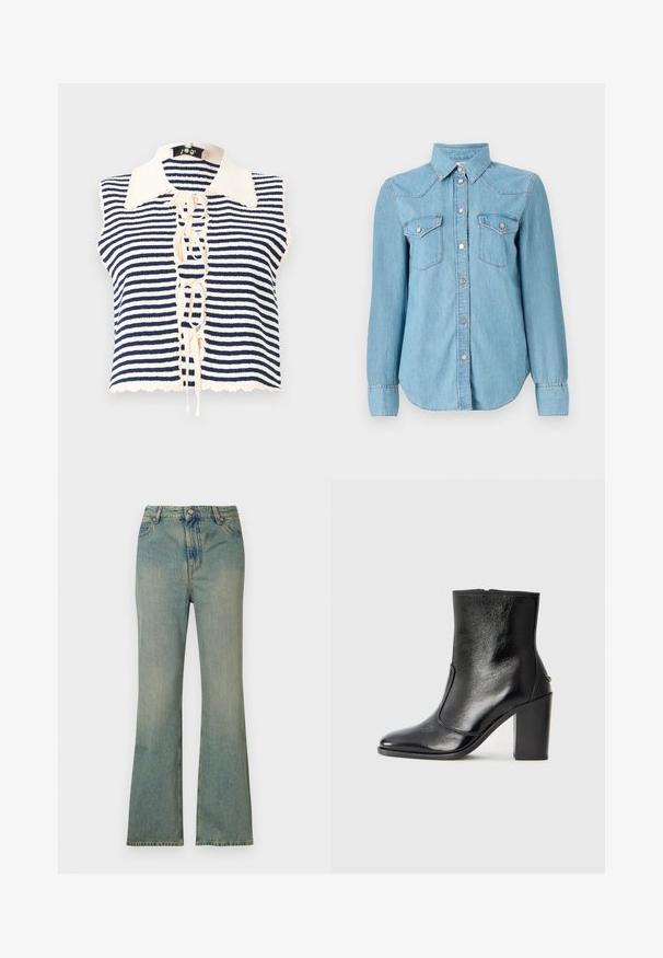 Námořnická modrá a krémová pruhovaná bezrukávová blůza s předním zapínáním na knoflíky, zdobená vroubkovaným límcem a šněrováním uprostřed.; Světle modrá džínová košile s dlouhými rukávy, zapínáním na knoflíky a dvěma náprsními kapsami. Disponuje klasickým límečkem a jemnými švy.; Světle modré džíny s rozšířenými nohavicemi a vysokým pasem, s pěti kapsami a zipem. Čistý, vybledlý vzhled s jemnými detaily v šití.; Černé kožené kotníkové boty s hladkou texturou, špičatou špičkou a robustním vysokým podpatkem. Mají boční otvor a minimalistický design.