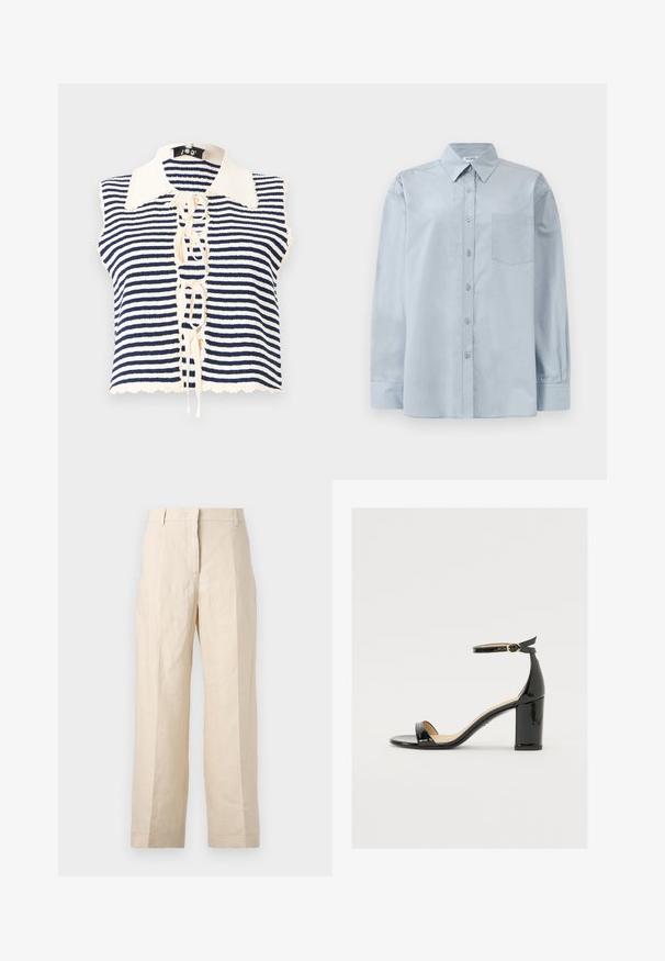 Jūros pajūrio ir grietinėlės dryžiuotas rankovių neturintis viršus su sagų užsegimu, turintis banguotą apykaklę ir varstymo detalę centre.; Šviesiai mėlynas ilgomis rankovėmis marškiniai su smailiu apykakle ir krūtinės kišene, ištiesti ant baltos fono.; Bežinės lininės kelnės su laisvu kirpimu, preguldyta priekyje ir tiesiomis kojomis. Savybės: juosmuo su diržo kilpomis ir be matomų kišenių.; Juodas lakinės odos sandalai su plačiu kulnu, atvira koja ir kulkšnies juostele, turinčia auksinę sagtį. Lygi tekstūra ir elegantiškas dizainas.