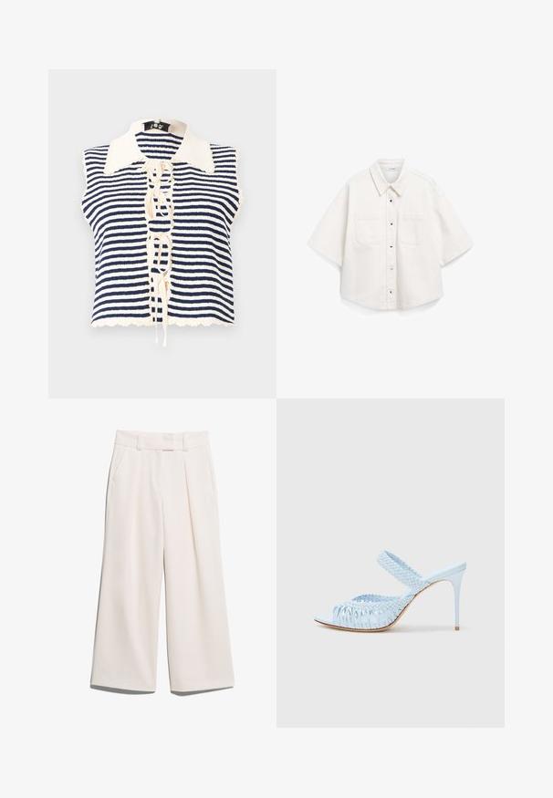 Tumesinine ja kreemivalliga triibuline ilma varrukateta top, millel on nööbiga eesmine osa, sakiliste servadega kaelus ja nööridega detail keskel.; Valge lühikeste varrukatega särk, mis on valmistatud puuvillast, sisaldab nööpidega esiosa, kahte rinna taskut ja struktureeritud kraed.; Laiad püksid heledas kreemjas värvitoonis, valmistatud siledast kangast, kahel esimesel taskul ja nähtava õmblusega vöökoha juures.; Heledest sinine kõrge kontsaga sandaal, millel on kudum ülaservas, avatud varvas ja lai rihm jala peal. Sile tekstuur, peen stiletto konts.