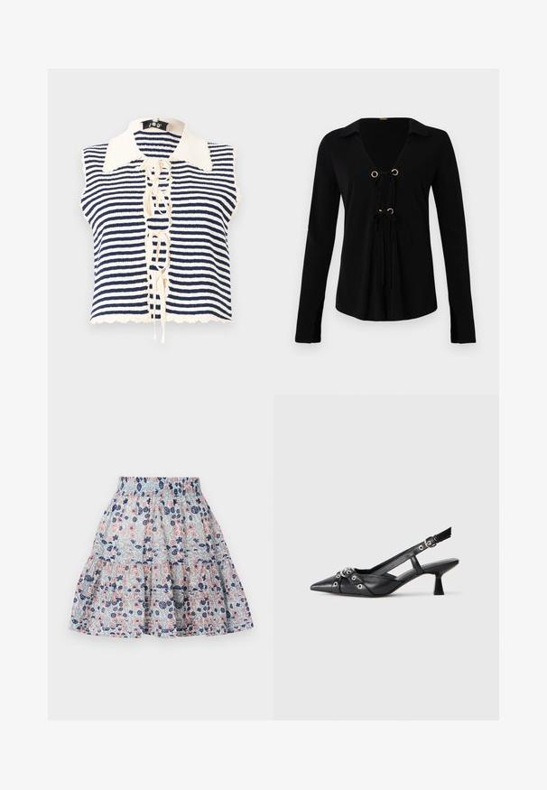 Jūras zils un krēmkrāsas svītrainais bez piedurknēm tops ar pogu slēgšanu, iekļaujot viļņveida apkakli un auklu detaļu centrā.; Melna garām piedurknēm kreklā ar V veida kakla izgriezumu, zelta metāla grometēm un regulējamām saitēm priekšpusē. Izgatavots no mīkstas auduma ar gludu tekstūru.; Ziedu raksta svārki gaiši zilā krāsā, ar rozā un tumši ziliem ziediem. Slāņota dizaina ar elastīgu jostasvietu un mīkstu, struktūru audumu.; Melnas ādas šlipsveida kurpes ar norādītu purngalu, dekoratīvām joslām ar metāla acīm un zemu bloku papēdi. Teksturēta virsma.