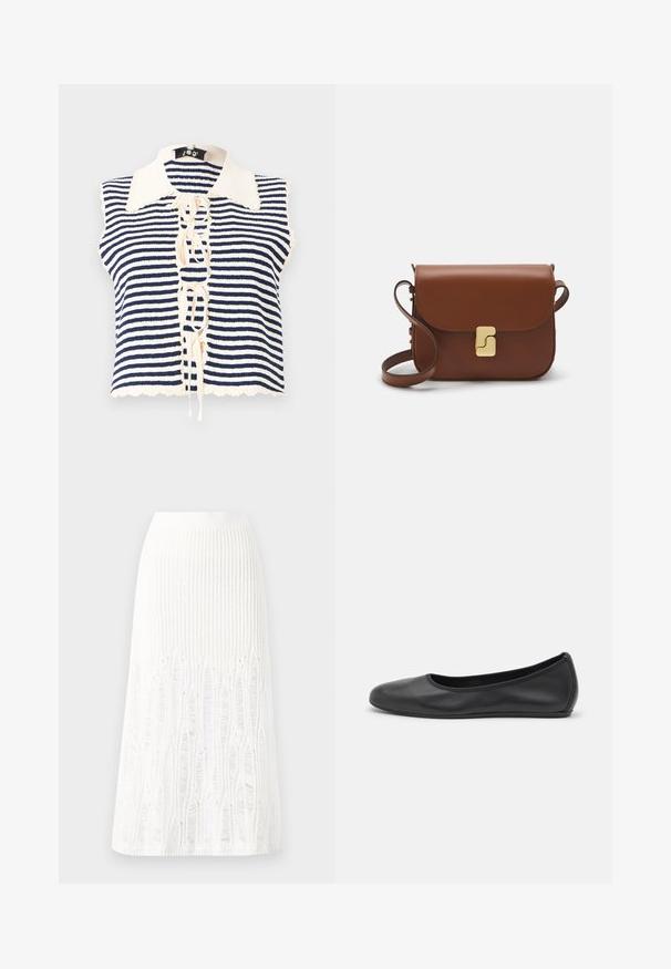 Marineblauw en crèmekleurig gestreept mouwloos topje met een knoopsluiting aan de voorkant, voorzien van een geschulpte kraag en een vetersluiting in het midden.; Witte korte mouwen t-shirt van ribstof. Ronde halslijn, normale pasvorm en subtiele stiksels. Geen patronen of grafische elementen.; Gehaakte witte midi rok met een textuurpatroon met verticale lijnen en uitsparingen nabij de zoom. Elastische tailleband. Zacht materiaal.; Zwarte leren ballerina met een ronde neus, gladde textuur, minimale stikdetails en een flexibele zoolontwerp.; Bruine leren handtas met een klep sluiting, gouden hardware, een schouderband en een gladde textuur. Compact rechthoekige vorm.
