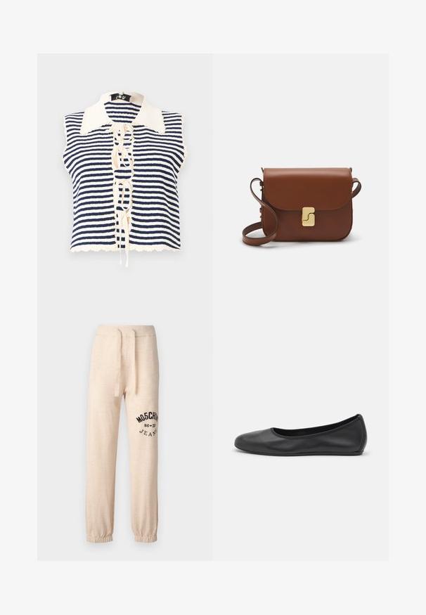 Navy and cream striped sleeveless top with a buttoned front, featuring a scalloped collar and lace-up detail in the center.; White short-sleeve t-shirt made of ribbed fabric. Round neckline, regular fit, and subtle stitching details. No patterns or graphics.; Beige sweatpants with elastic cuffs and waistband. Features a black printed logo "MOSCHINO 86 ❤ 23 JEANS" on the left thigh. Soft texture.; Black leather ballet flat with a rounded toe, smooth texture, minimal stitching detail, and a flexible sole design.; Brown leather handbag with a flap closure, gold-tone hardware, a shoulder strap, and a smooth texture. Compact rectangular shape.