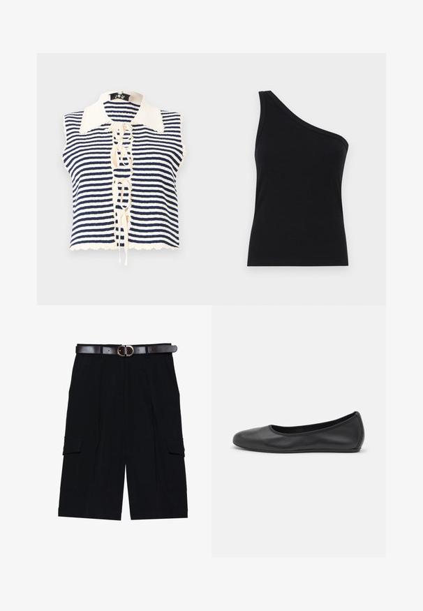 Tengerészkék és krémszínű csíkos ujjatlan felső gombos elülső résszel, fodros gallérral és fűződett részlettel a középen.; Egyszerű, fekete, bordázott, egyvállas ujjatlan felső, testhez simuló fazonnal és puha textúrával. Tiszta, minimalista szabás és sima nyakkivágás jellemzi.; Fekete cargo rövidnadrág könnyű anyagból, egyenes szabással, oldalsó zsebekkel és barna bőövvel, ezüst csattal.; Fekete bőr balettcipő lekerekített orral, sima tekstúrával, minimális varrással és rugalmas talp kialakítással.