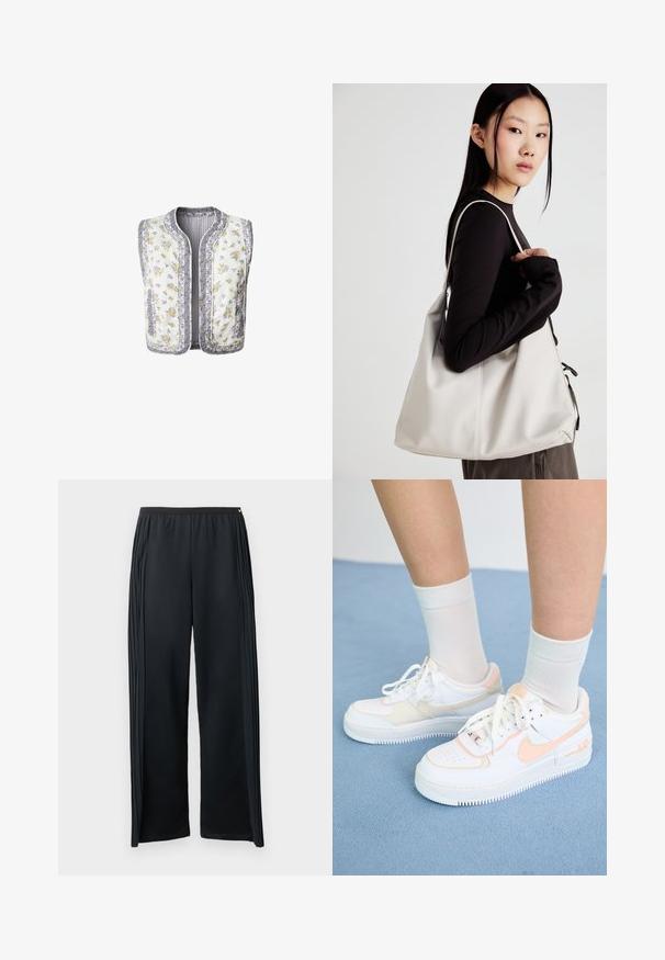 Balts audums ar ziedu rakstu, pildīta veste, ar dzelteniem un violetiem ziediem. Apstrādātas malas un divas sānu kabatas. Bez piedurknēm.; Izgriezta, krēmkrāsas T-kreklu, kas izgatavots no kokvilnas. Piedāvā rozā izšūtu logotipu ar uzrakstu "Nike Sportwear". Īsas piedurknes un apaļa izgriezuma kakla vieta.; Melnas sporta bikses no mīksta auduma ar platām kāju daļām, elastīgu vidukļa jostu un vertikālām krokām sānos.; Baltas brīvlaika apavi ar persiku akcentiem, gluda ādas virsma, perforēts purngals, strukturēta zole un šnūrītes. Valkāti ar baltām augstām zeķēm uz zilas virsmas.; Bežs rokassoma, izgatavota no mīksta materiāla, ar brīvu dizainu, izšūtu apdari un divām plecu siksnām. Piemērota ikdienas lietošanai.