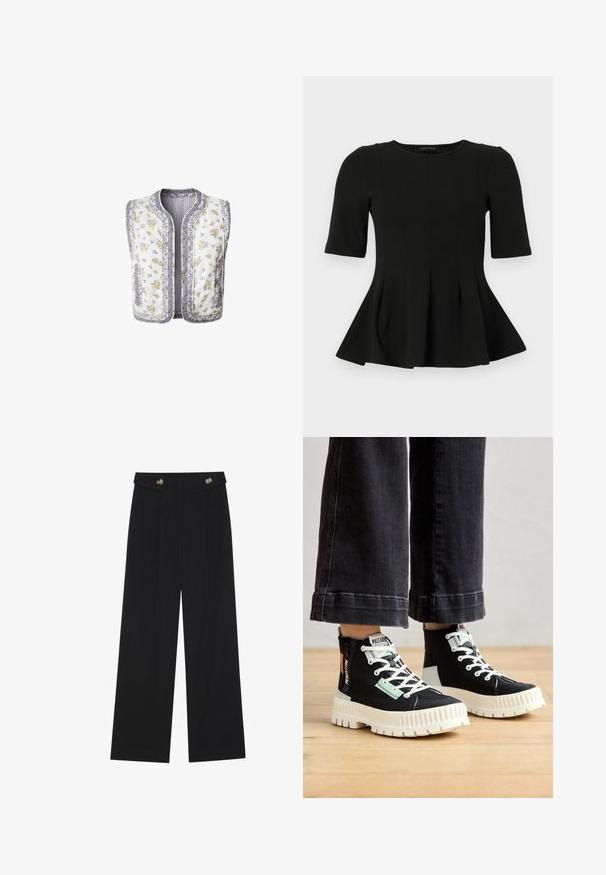 Blommönstrad vadderad väst i vit tyg, med gula och lila blommor. Kantade kanter och två sidofickor. Ingen ärm.; Svart kortärmad peplumtop med rund halsringning och vertikala sömmar, visad mot en vit bakgrund.; Svarta vida byxor med hög midja, knäppdetaljer i midjan och framfickor.; Svarta högsockade sneakers med vita gummisulor, texturerat tyg, gröna och orange detaljer samt vita snören. Detaljerad söm på sidorna.