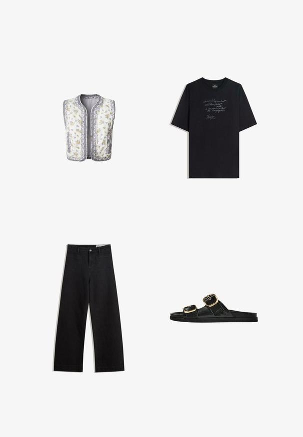 Bielo vzorovaný zateplený vest s kvetinovým motívom, ktorý obsahuje žlté a fialové kvety. Orezané okraje a dve bočné vrecká. Bez rukávov.; Čierne bavlnené tričko s krátkymi rukávmi, na prednej strane s bielym rukopisným textovým dizajnom. Klasický výstrih, uvoľnený strih, hladká textúra.; Čierne denimové nohavice s širokými nohavicami a vysokým pásom, so prednými a zadnými vreckami, šitými švami a zapínaním na gombík. Hladká textúra.; Čierne šľapky s dvoma zlatými prackami, hladký textúrovaný materiál, plochá podrážka a minimalistický dizajn.